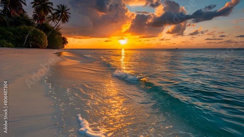 Luxury Sunrise Serenity A Secluded Maldives Beach at Dawn Generative ai