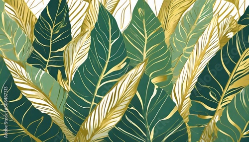 floral background with tropic exotic golden leaves. Romantic pattern template for wall decor, wallpaper, wedding invitations,