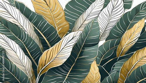 Luxury gold nature background. Floral pattern, Golden bananas, palms, exotic flowers, line arts illustration.