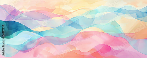 Contemporary watercolor composition of irregular geometric shapes and flowing waves, in a palette of serene pastels, handdrawn photo