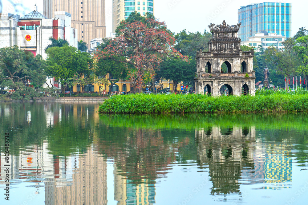Hoan Kiem Lake with the Turtle Tower in Hanoi Vietnam