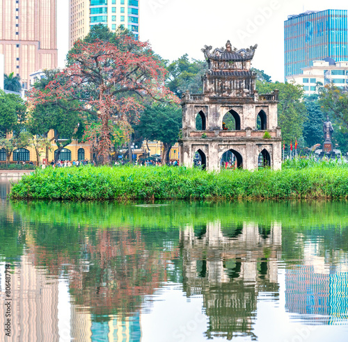 Hoan Kiem Lake with the Turtle Tower in Hanoi Vietnam