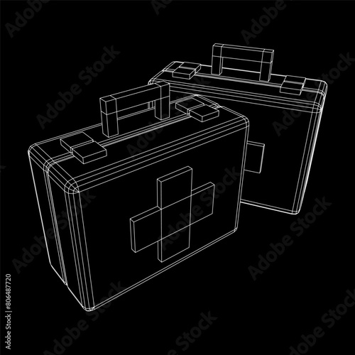 Suitcase of medical aid. Med kit symbol of emergency assistance with cross first aid equipment and treatment. Wireframe low poly mesh vector illustration