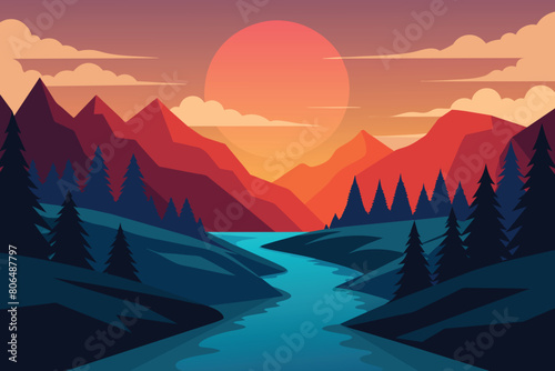 Tranquil mountain river at sunset vector design