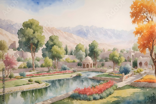 Babur Garden Afghanistan Country Landscape Illustration Art