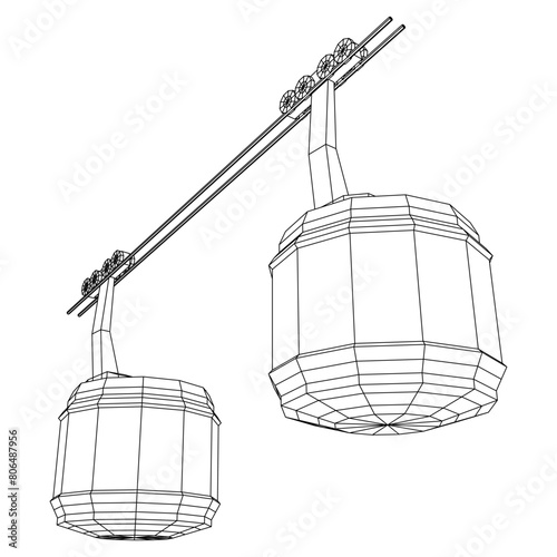 Cable car cabin gondola. Funicular simple cableway concept. Wireframe low poly mesh vector illustration