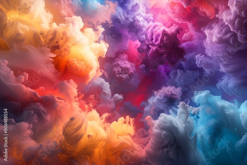 Vibrant Abstract Explosion of Ethereal Colorful Smoke and Fluid Clouds Against Dynamic Atmospheric Backdrop