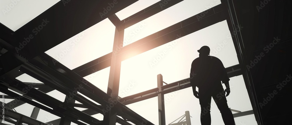 Engineer silhouetted against a bright sky, framed by empty construction beams and sharp shadows