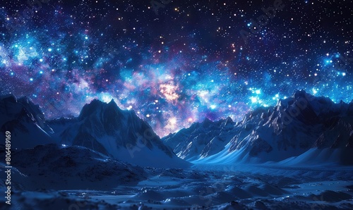 The Milky Way stretches across the sky above a snow-capped mountain range