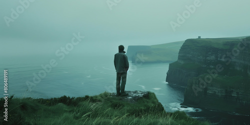 Emerald Isle concept. Beautiful view to the sea and cliffs of Ireland. Golden hour. Outdoor shot photo