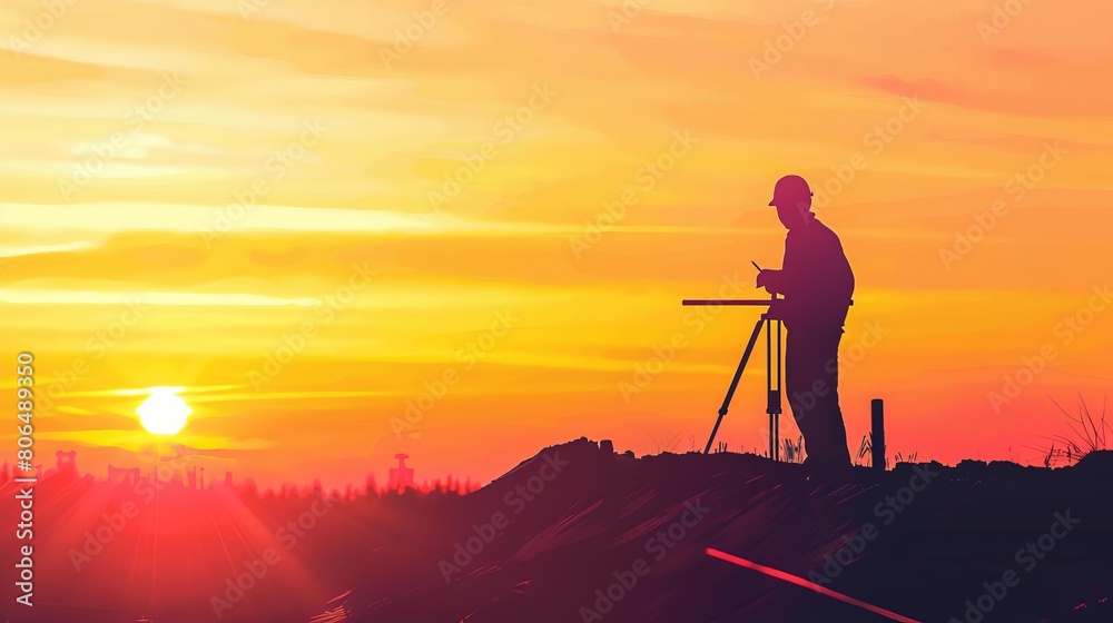 Minimalistic silhouette of an engineer surveying construction plans at sunrise, surrounded by vast negative space and emphasizing less is more
