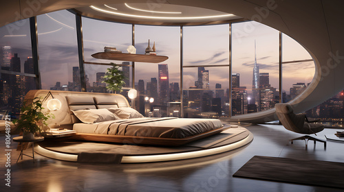 A futuristic bedroom with smart home technology, featuring a floating bed, programmable mood lighting, a large curved monitor for a personal theater experience, photo