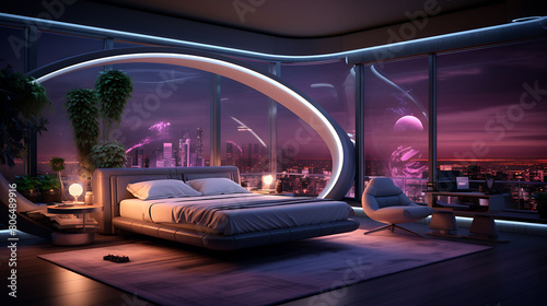 A futuristic bedroom with smart home technology, featuring a floating bed, programmable mood lighting, a large curved monitor for a personal theater experience photo