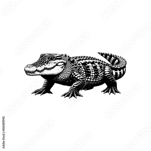 animal hand drawn art style crocodile black and white vector illustration