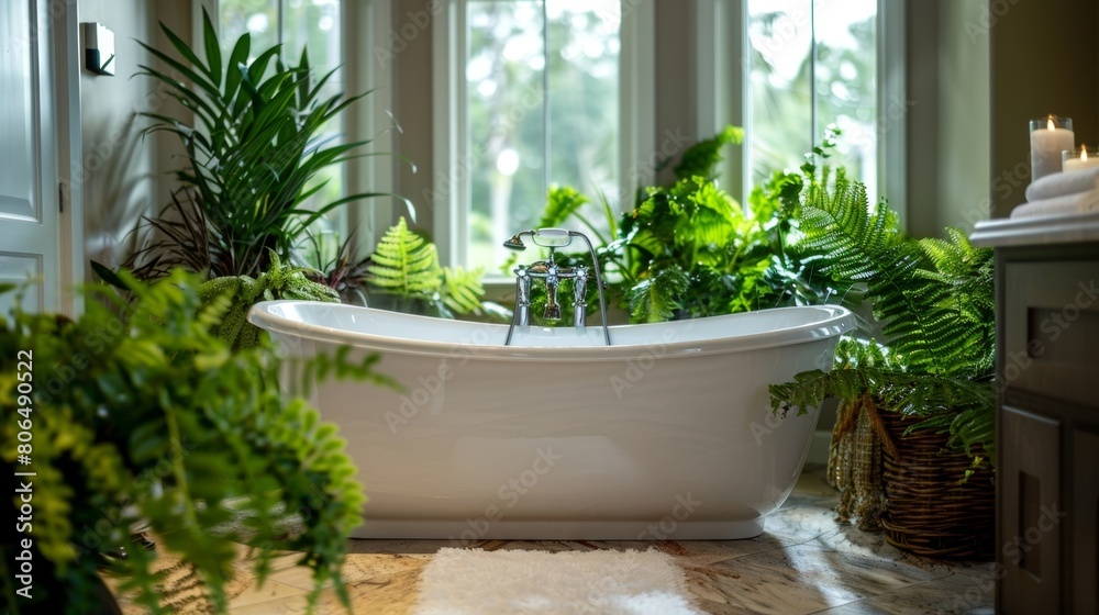 A nature lovers dream with a large soaking tub set in a room filled with natural light and an array of ferns and ivy.