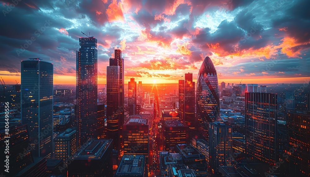 A stunning cityscape of London, England. The setting sun casts a golden glow over the buildings, creating a beautiful and vibrant scene.