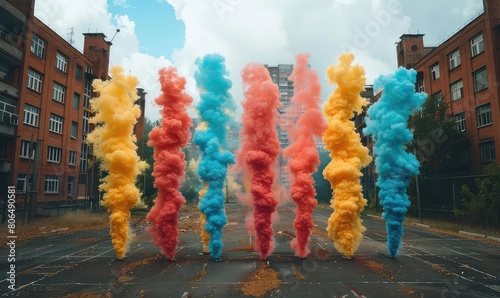 A variety of colored smoke plumes rise up from the ground in an urban setting, creating a vibrant and surreal atmosphere. photo