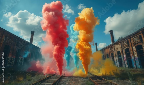 Colorful smoke fills the air in front of an abandoned warehouse, obscuring the sky and creating an eerie atmosphere. photo