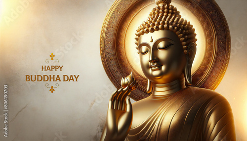 Golden Buddha statue with a lotus flower in his hand. Happy Buddha day. Celebrated Buddha Day. Buddha face on a golden background. Buddha day illustration banner photo