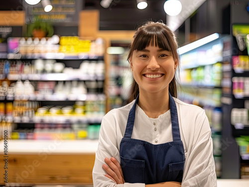 Smiling, young and attractive saleswoman working at a store