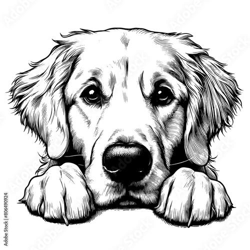 Cute Golden Retriever dog peeking, hand drawn sketch. Vector isolated on white background	