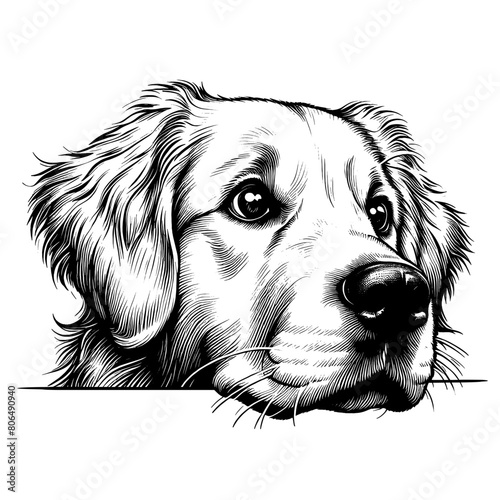 Cute Golden Retriever dog peeking, hand drawn sketch. Vector isolated on white background	