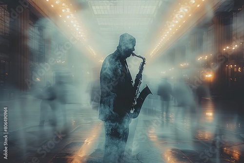 A musician plays the saxophone in a busy train station