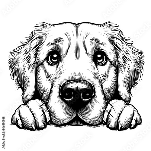 Cute Golden Retriever dog peeking, hand drawn sketch. Vector isolated on white background	