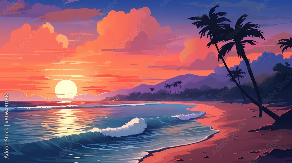 Vivid sunset over the ocean. The warm colors of the sky and the cool colors of the water create a stunning contrast. The palm trees on the beach are silhouetted against the sky. Vivid sunset over the ocean. The warm colors of the sky and the cool colors of the water create a stunning contrast. The palm trees on the beach are silhouetted against the sky.