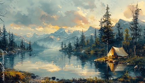 Capture the serenity of a wilderness camping scene in a Realism oil painting, with an eye-level angle showcasing intricate details of nature photo