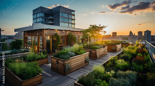 A modern rooftop garden on an urban apartment building, featuring geometric raised beds with edible plants, a green turf area for relaxation, solar-powered lights, and a panoramic city view, photo