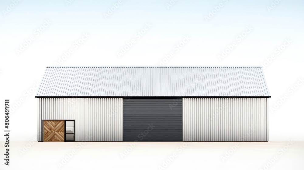 A large white metal barn with a single dark colored roll up door and a single wooden door. A large white metal barn with a single dark colored roll up door and a single wooden door.