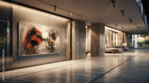 A sleek, modern corridor in an apartment, with recessed lighting, a series of abstract paintings on one side, and a reflective, polished concrete floor leading to the main living area, photo