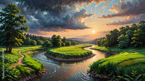 Sundown Reflections Serene River Journey Through Green Canopies and Cloudy Skies