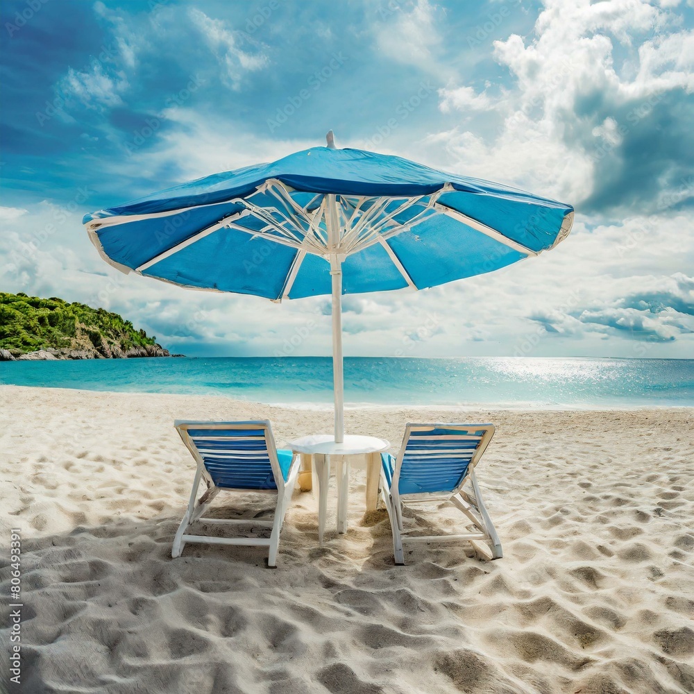 beach chairs and umbrella. a picturesque beach with white sand, showcasing chairs and an blue umbrella, ideal for travel and tourism promotions. The composition should offer a panoramic view, with lou