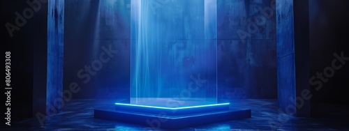 Podium hologram cyberpunk blue background light from top walls iron