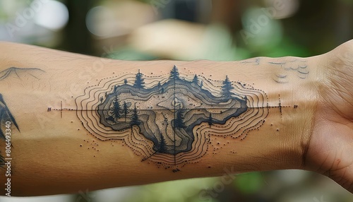 A blackwork tattoo of a map with a lake, trees, and mountains. The tattoo is on the inner forearm. photo