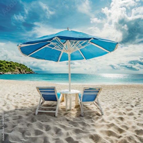 beach chairs and umbrella. a picturesque beach with white sand  showcasing chairs and an blue umbrella  ideal for travel and tourism promotions. The composition should offer a panoramic view  with lou