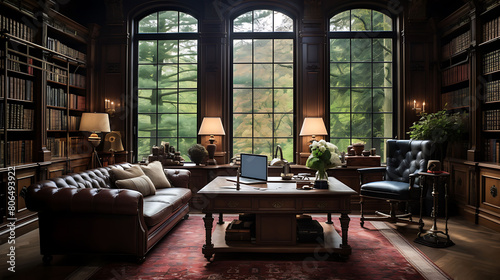 A traditional executive office with a large mahogany desk, leather swivel chair, built-in bookshelves filled with books and awards, and a Persian rug on the floor. photo