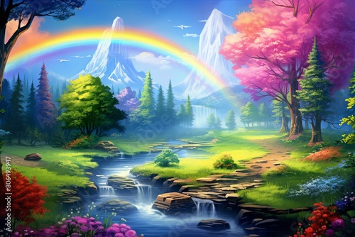 the enchantment of a magical forest by the sea, where the sky is painted with the mesmerizing colors of a rainbow, evoking a sense of wonder and awe.