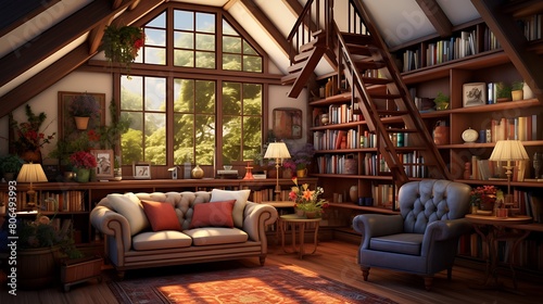 A charming home library with floor-to-ceiling bookshelves, a cozy reading chair, and a ladder