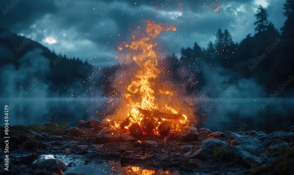 A bright dancing fire on the lake shore. The fire is surrounded by dark rocks and trees. The sky is dark and cloudy. The water is still and reflects the light of the fire.