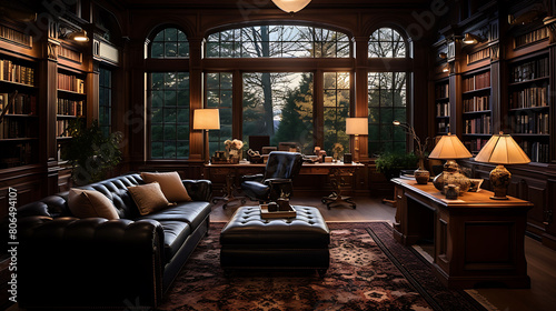 A traditional executive office with a large mahogany desk, leather swivel chair, built-in bookshelves filled with books and awards, and a Persian rug on the floor.