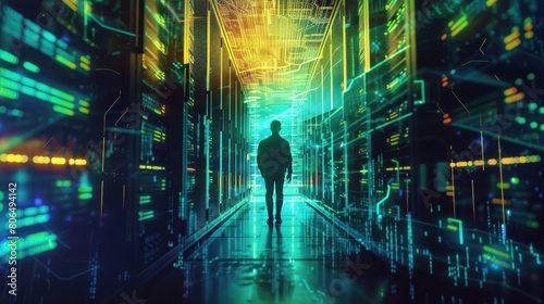 Man standing in server room of large data center. Computer engineering and big data concept