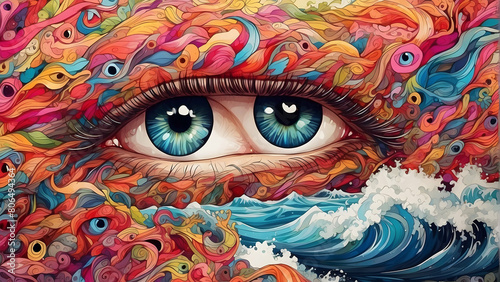 Colorful and vivid illustration focusing on a human eye amidst swirling patterns and waves