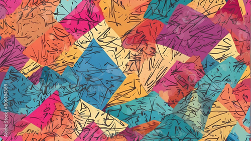 Modern abstract image presenting a pattern of geometric leaf shapes in a variety of vibrant colors on textured background