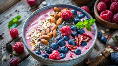 A close-up of a nutritious smoothie bowl topped with fresh berries, nuts, and seeds, arranged artfully on a wooden table, colorful and appetizing
