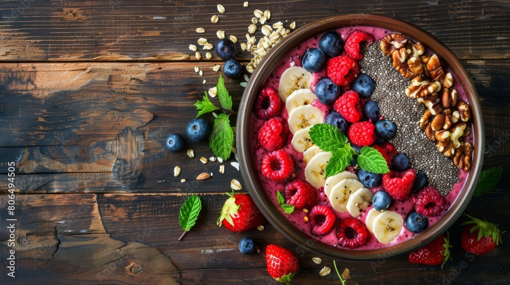 A close-up of a nutritious smoothie bowl topped with fresh berries, nuts, and seeds, arranged artfully on a wooden table, colorful and appetizing A close-up of a nutritious smoothie bowl topped with fresh berries, nuts, and seeds, arranged artfully on a wooden table, colorful and appetizing