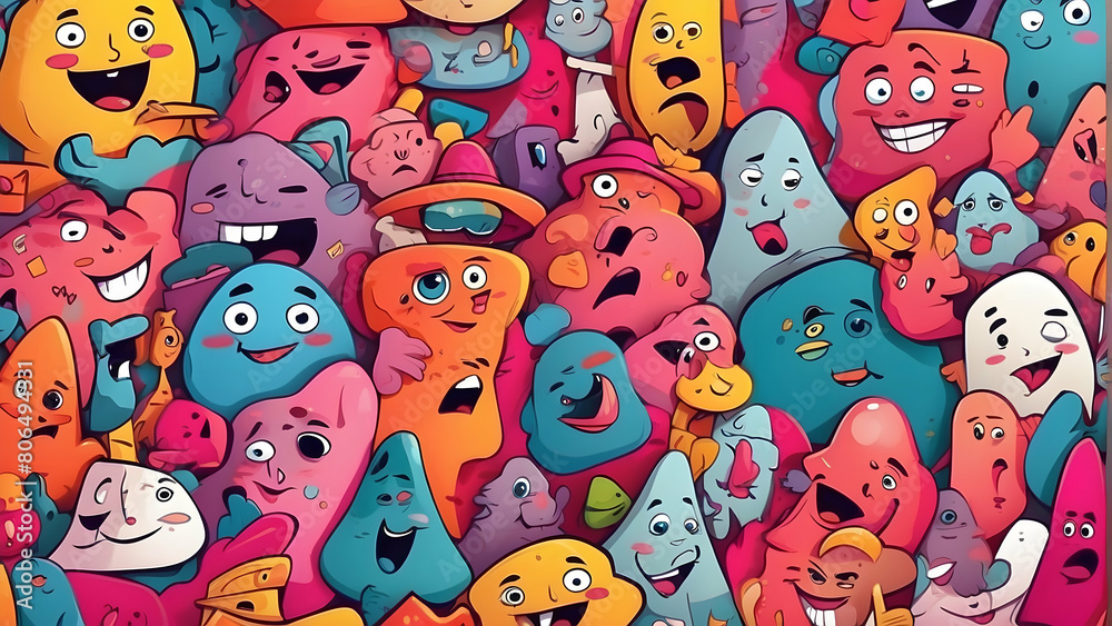 An array of vibrant, whimsical cartoon characters, each with unique expression and personalities An array of vibrant, whimsical cartoon characters, each with unique expression and personalities
