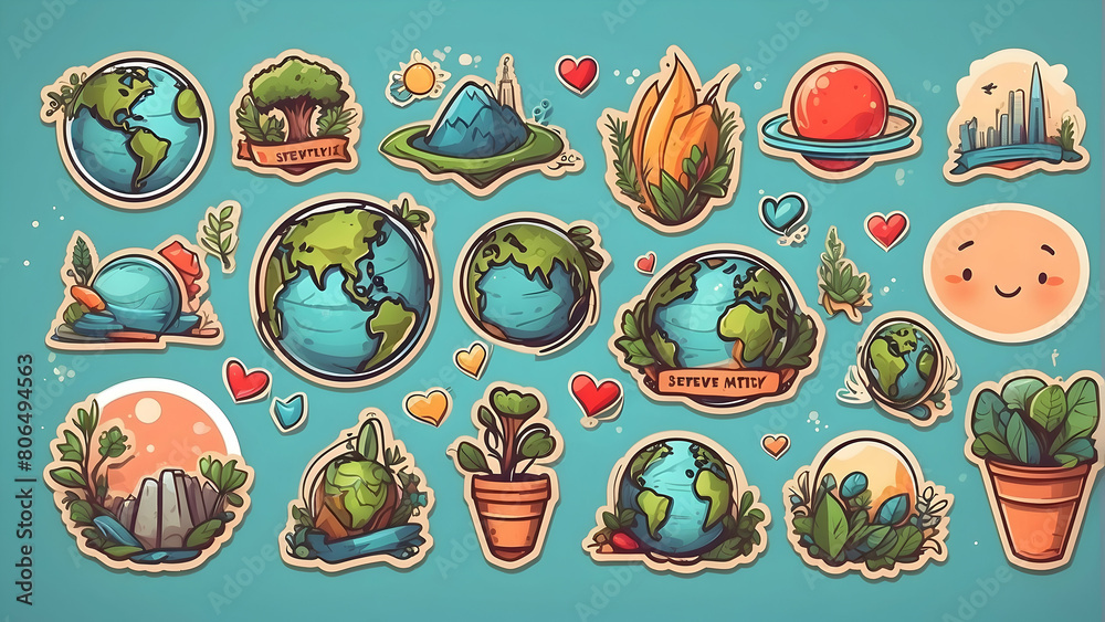 Naklejka premium An array of vibrant ecological stickers including planet earth, mountains, hearts, and plants to promote environmental awareness